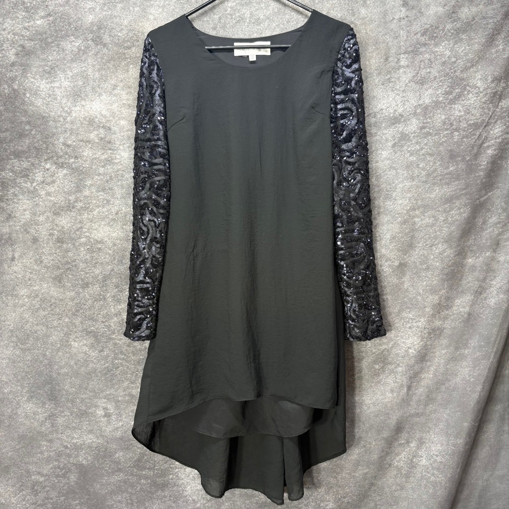 Dress the Population April Sequin Sleeve Hi-Lo Chiffon Shift‎ Dress Size M Black